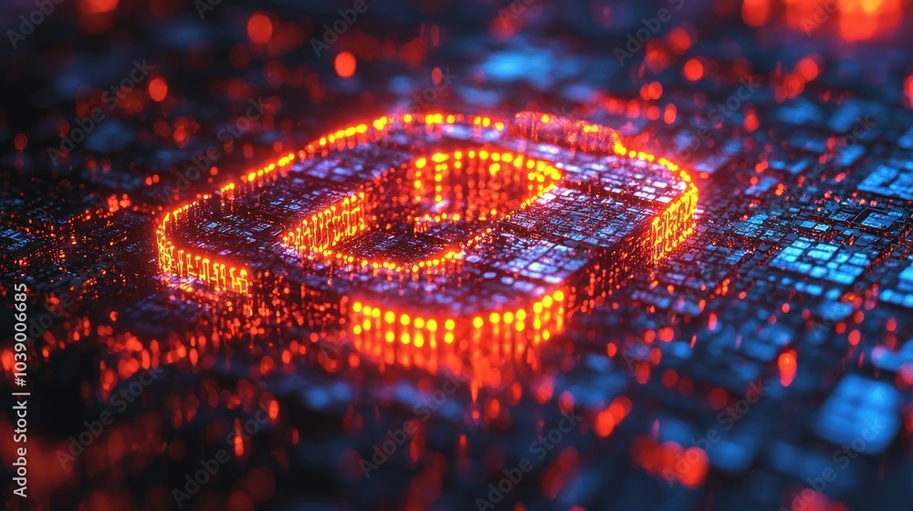 Poster glowing padlock symbol on a digital grid