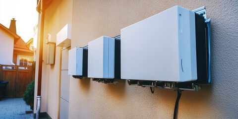 Outdoor home battery packs alternative electric energy storage system, garage wall background