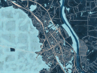 Painterly Style City Map of Stalowa Wola, Poland in a Blue Color Scheme.