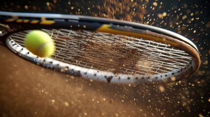 A tennis racket hitting a ball, clay court particles in the air, Energetic style