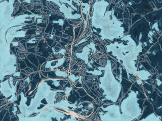 Painterly Style City Map of Walbrzych, Poland in a Blue Color Scheme.