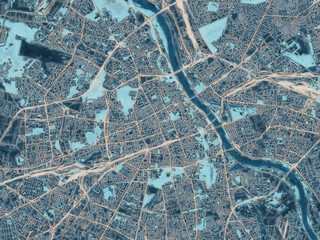 Painterly Style City Map of Warsaw, Poland in a Blue Color Scheme.
