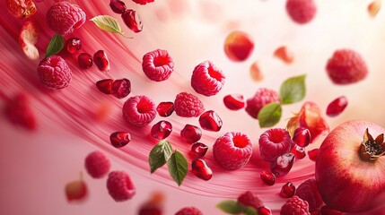  Red Apple Surrounded by Raspberries and Leaves on Pink Background
