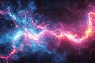 A vibrant cosmic nebula showcasing swirling blue and pink gas in the depths of space