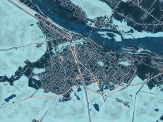 Painterly Style City Map of Wloclawek, Poland in a Blue Color Scheme.