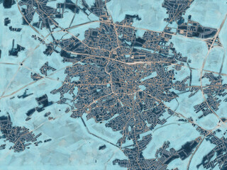 Painterly Style City Map of Zielona Gora, Poland in a Blue Color Scheme.