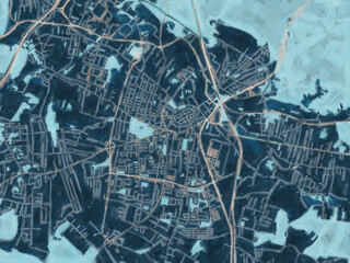 Painterly Style City Map of Zory, Poland in a Blue Color Scheme.