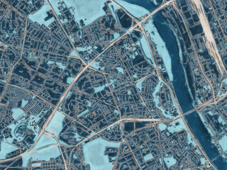 Painterly Style City Map of Zoliborz, Poland in a Blue Color Scheme.