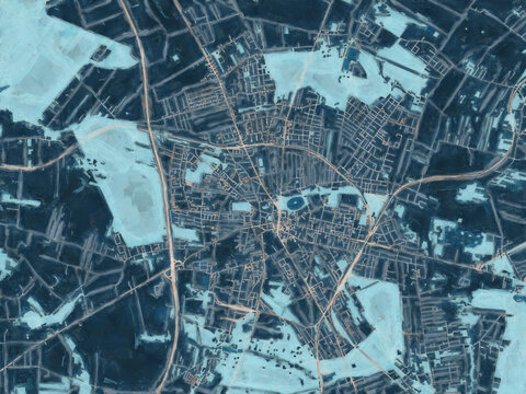 Painterly Style City Map of Zgierz, Poland in a Blue Color Scheme.