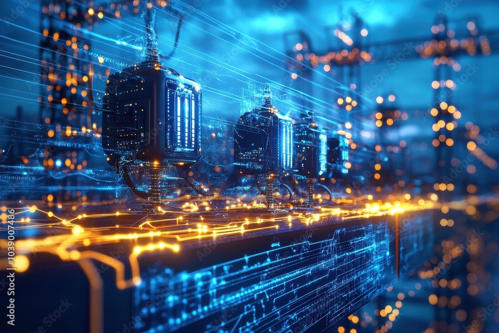 Poster advanced digital network technology with glowing circuits in a modern industrial setting at night