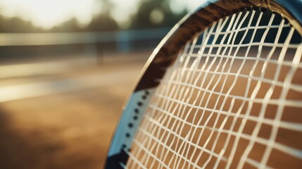 A tennis racket strings with a blurred court background, outdoor setting under soft morning light, Classic style