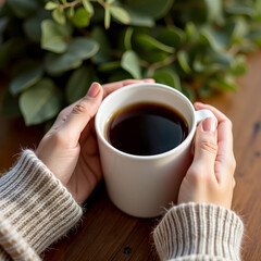 The hand of a woman in a sweater holding a white mug full of coffee on a wooden table