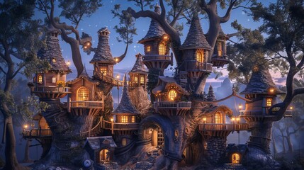 Enchanted treehouse village glows in the twilight, a magical escape.