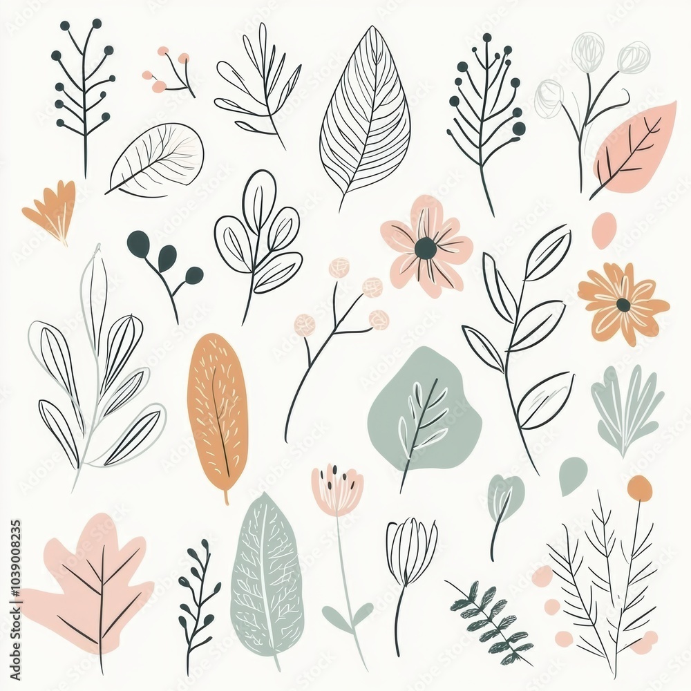Poster delicate doodles of various leaves and flowers display a harmonious blend of nature elements, inspir