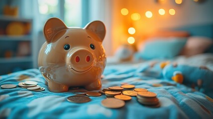 Ceramic Piggy Bank with Coins on Cozy Bed in Soft Light