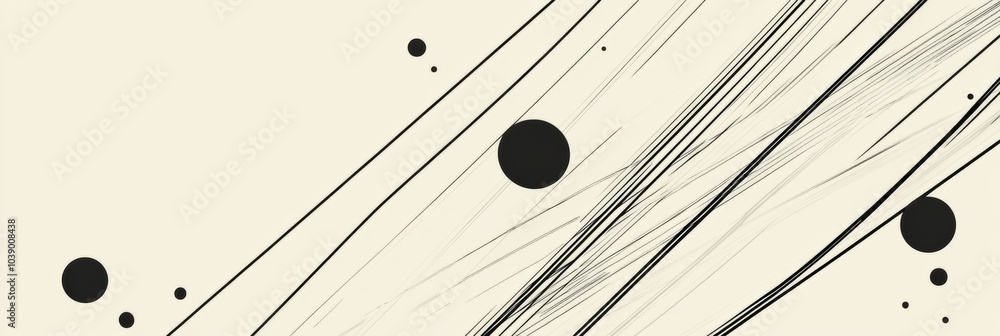 Poster minimalist composition features black diagonal lines crossing a light background with circles of dif