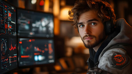 Obraz premium Focused Gamer Wearing Headphones in Front of Monitors - Realistic Image