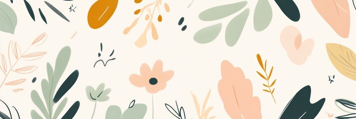 Soft pastel doodles of various leaves and flowers create a calming and inviting atmosphere, celebrating the beauty of nature. Generative AI