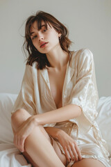 Naklejka premium Woman in Elegant Beige Satin Robe Relaxing on Bed