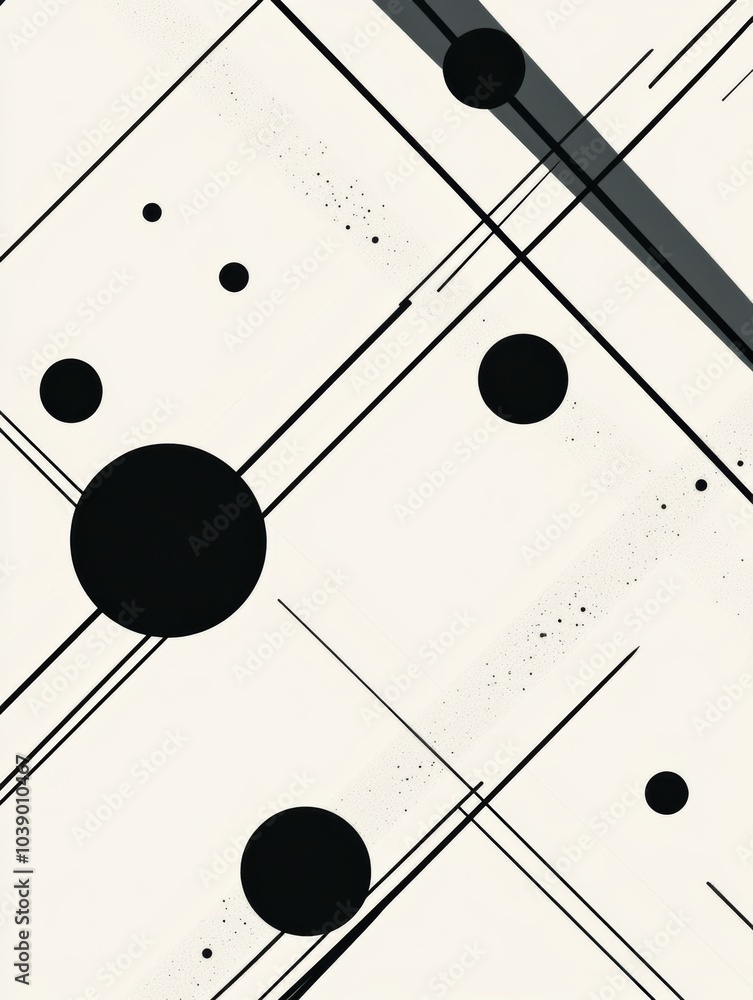Leinwandbilder This artwork displays a minimalistic design with black diagonal lines intersecting circles of different sizes against a light backdrop. Generative AI