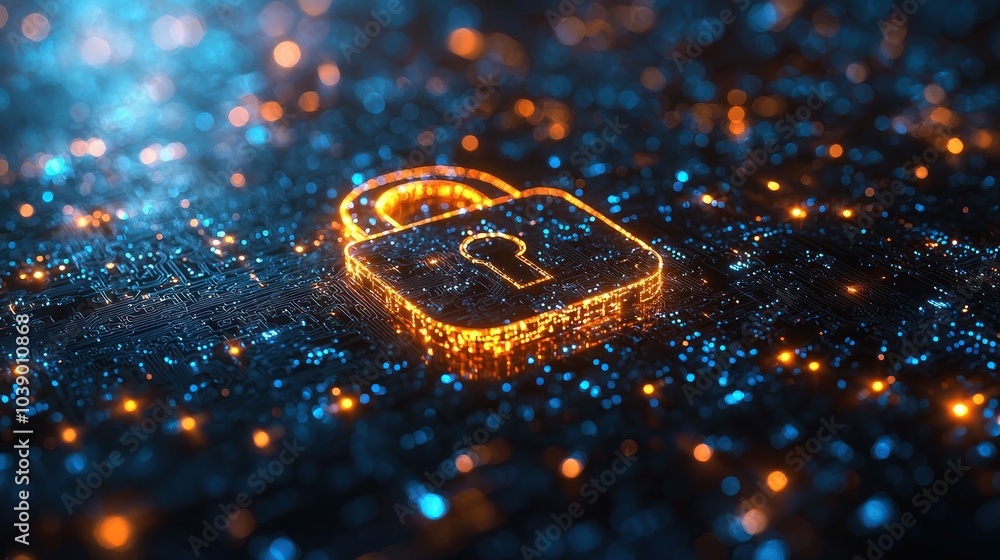 Poster glowing cyber security lock on a circuit board