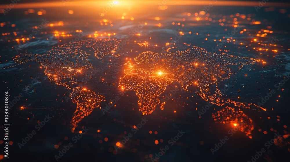 Poster a stylized world map illuminated by thousands of lights