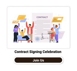 Contract signing celebration business team cheering large document digital signatures