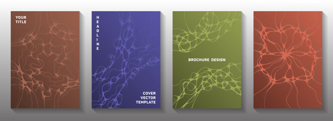 Scientific vector covers with molecular structure or nervous system cells. Curly curve lines motion backdrops. Subtle notebook vector layouts. Scientific biotechnology covers.