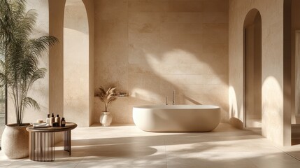 Bathtub and table with cosmetic products in beige bathroom Shower project, modern design