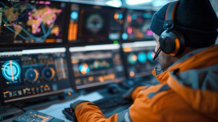 Technician monitors complex data and analytics in a high-tech control room during late evening hours