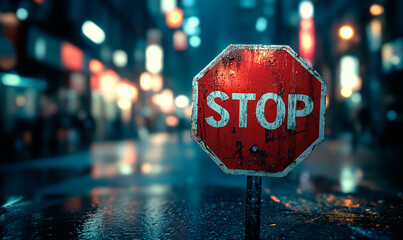 A classic red stop sign stands tall in a city setting