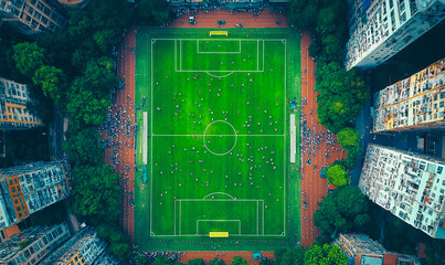 A top view of soccer filed. Aerial view of a vibrant green soccer field in a packed stadium sports background.