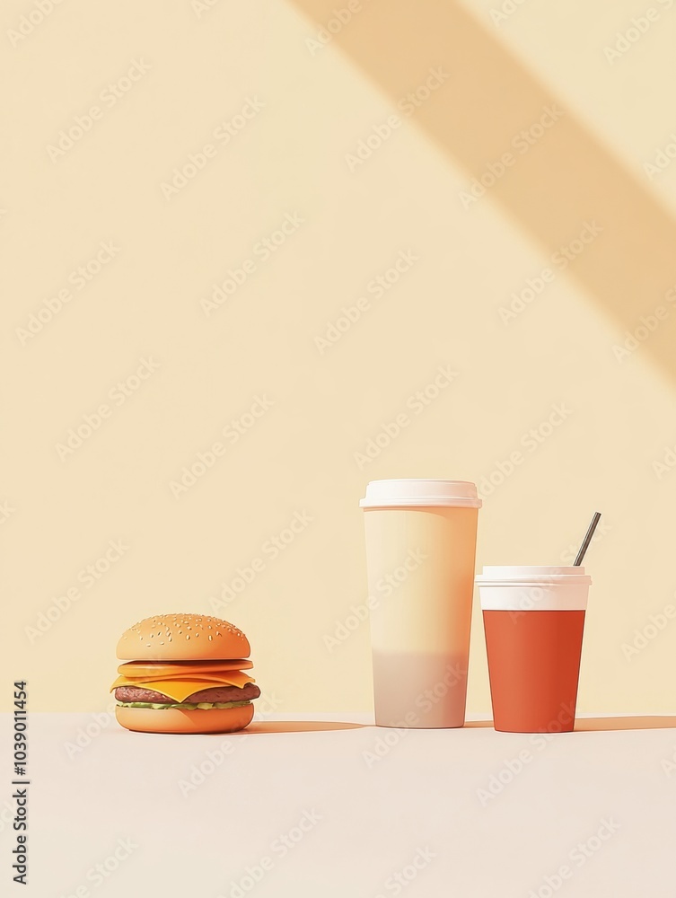 Aufkleber a delicious burger sits beside two drinks in a minimalist setting, highlighting comfort food in a mo