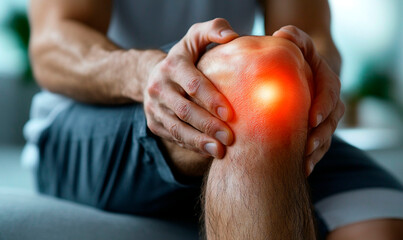 A person holding his hand over knee. red gloving pain area. Knee pain