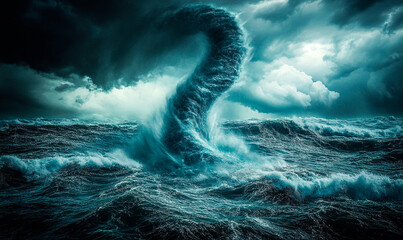 A powerful tornado forms in the ocean, its swirling winds and water creating a dramatic scene under a moody sky with deep blue waves. Background