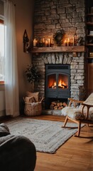 Cozy living room with fireplace, armchair and wooden rocking chair