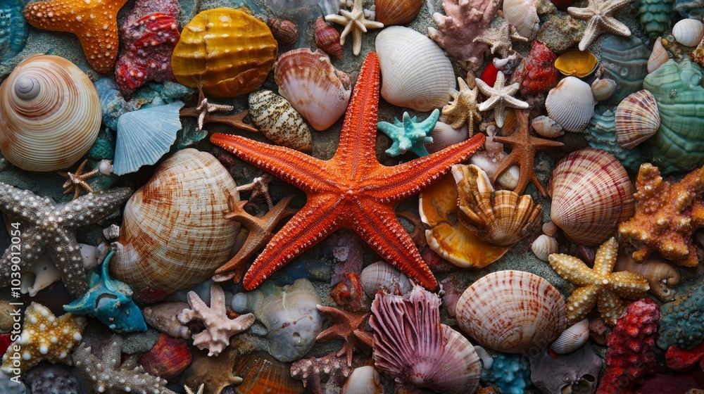 Wall mural sea life, including shells, corals, and starfish, make up the background of this image.