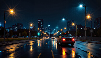 Obraz premium Taxi driving through wet city streets at night with glowing streetlights