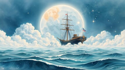 a ship sailing on the ocean under a full moon. (watercolor)