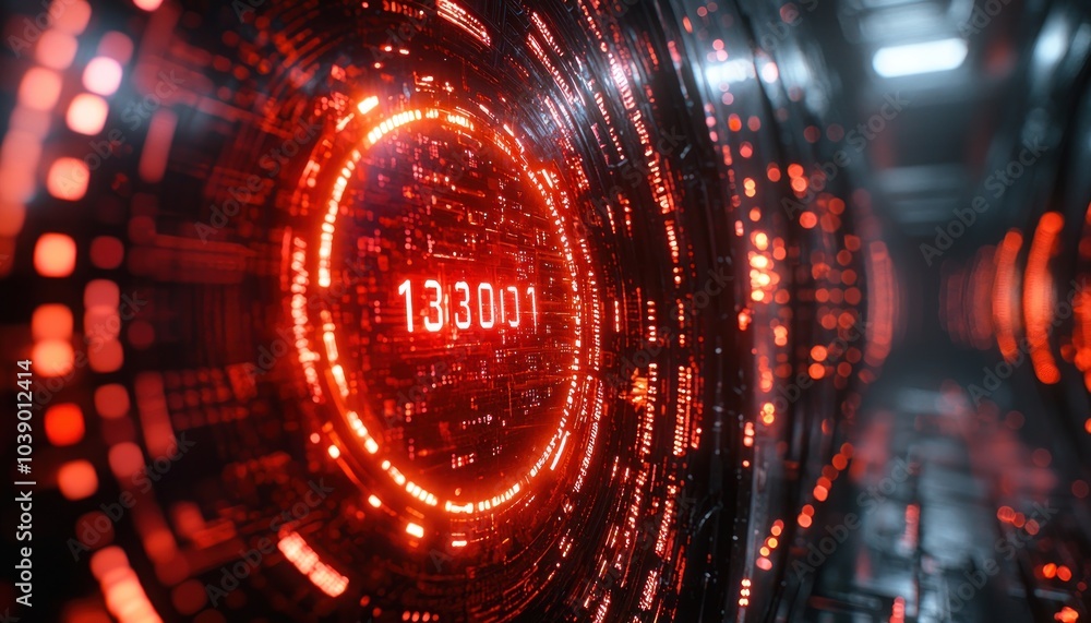 Poster Red Digital Countdown Display with Circuitry Background