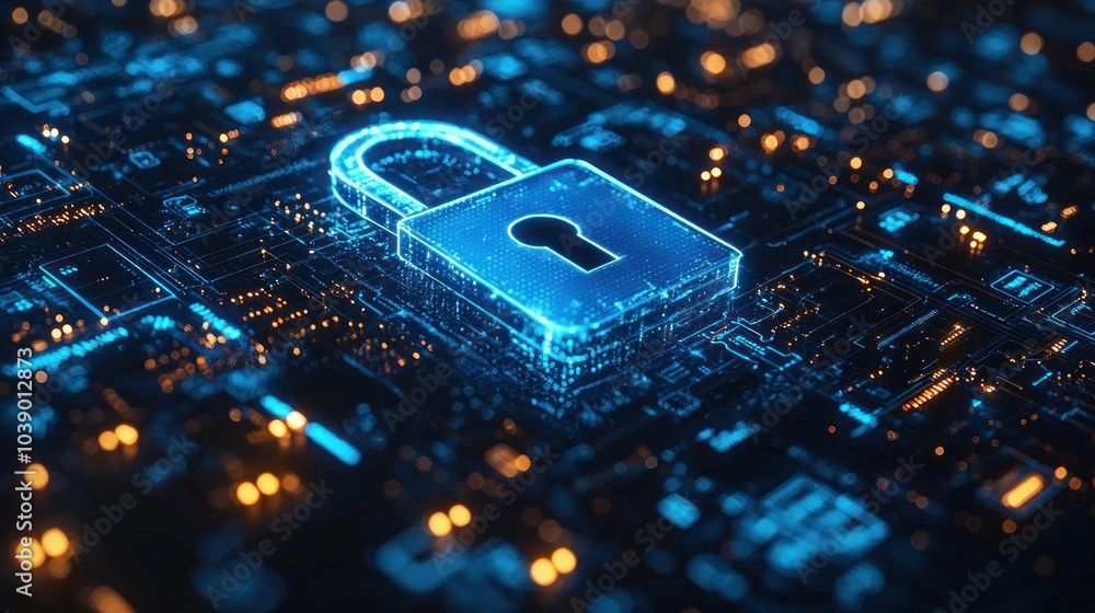 Poster digital lock icon on a circuit board representing cybersecurity