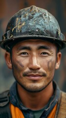 Fototapeta premium A hardworking miner in a dusty helmet smiles confidently after a long day at the coal mine in early morning light