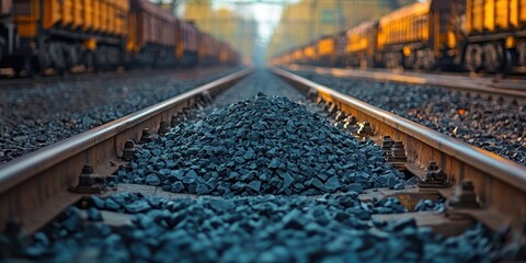 Naklejka premium A Pile of Gravel on Train Tracks in the Foreground with Blurry Train Cars in the Background