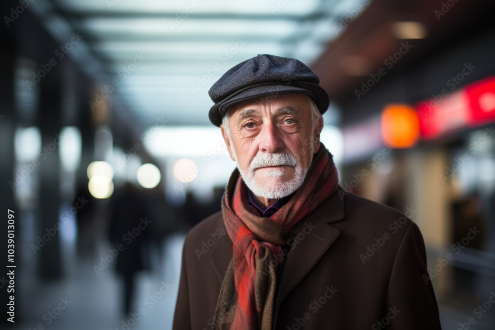 Sticker Portrait of senior man with cap and scarf in the city.