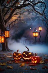 Obraz premium Halloween pumpkins with scary faces and lanterns on foggy background