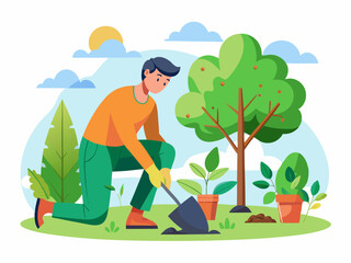 Gardener planting flowers and shrubs in a sunny yard with trees and clouds in the background during a bright day