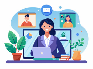 A woman working on a laptop during a virtual meeting at her home office with plants and multiple screens displaying participants