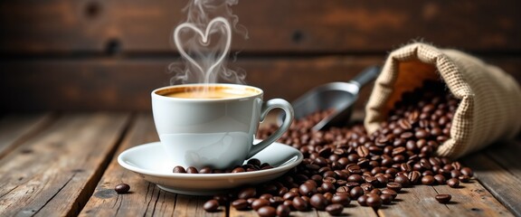 A cozy coffee scene featuring a steaming cup with heart-shaped steam, surrounded by scattered coffee beans from a burlap sack. Ideal for coffee lovers and cozy cafe themes.

