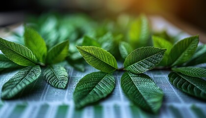 Lush Green Leaves Resting on a White Surface with Blurred Text