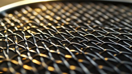 A tennis racket's string texture, outdoor setting with morning sunlight, Classic style
